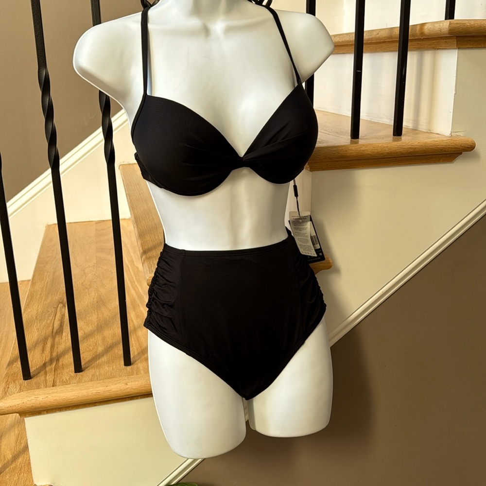 NEW with tags two piece full coverage black bikini high waist padded ruched side